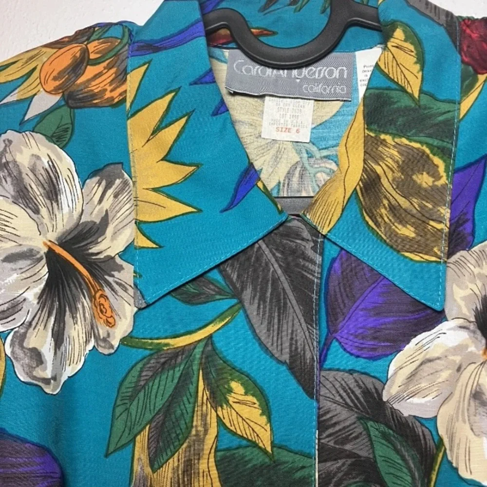 VNTG Tropical Floral Teal Wrap Midi Dress Colorful Hawaiian Parrot USA‎